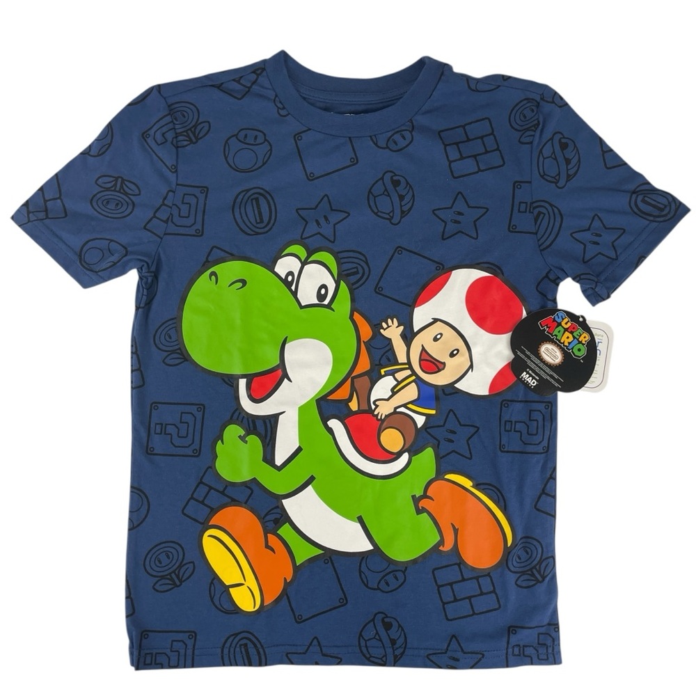 Super Mario Yoshi & Toad Blue Kids Graphic T-Shirt Size M 7-8 NWT